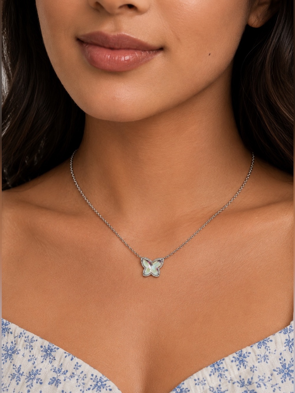 Kendra Scott Lillia‎ Butterfly Pendant Necklace Rhodium Indigo Dichroic NWT